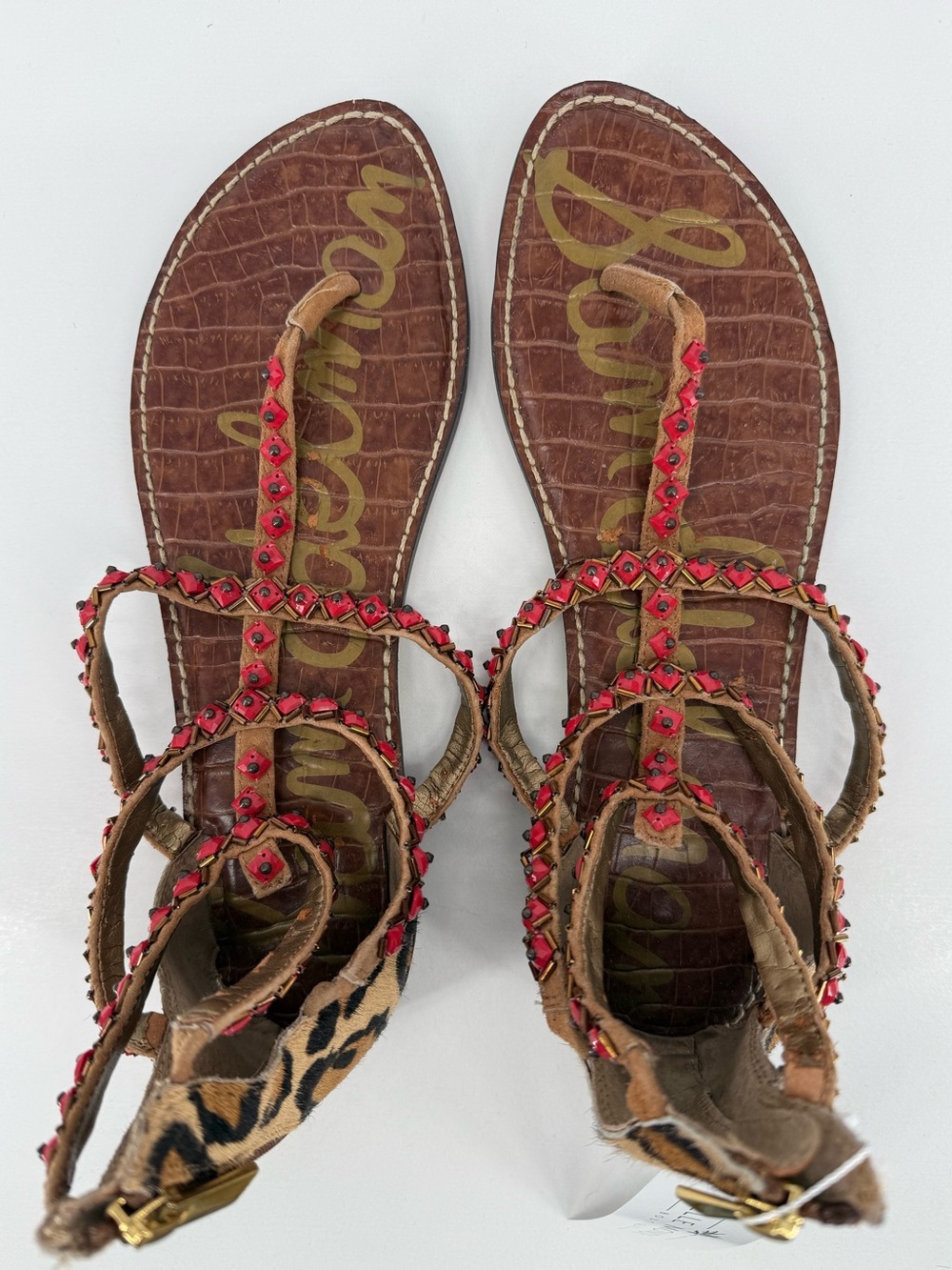 Sam Edelman Brown Leather T-Strap Sandals with Red Stud Accents